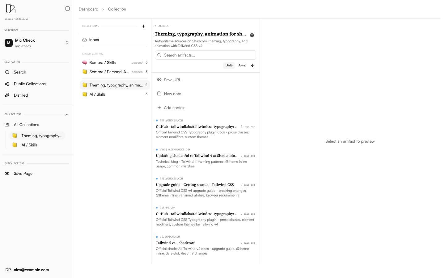Collection detail view with three-panel layout