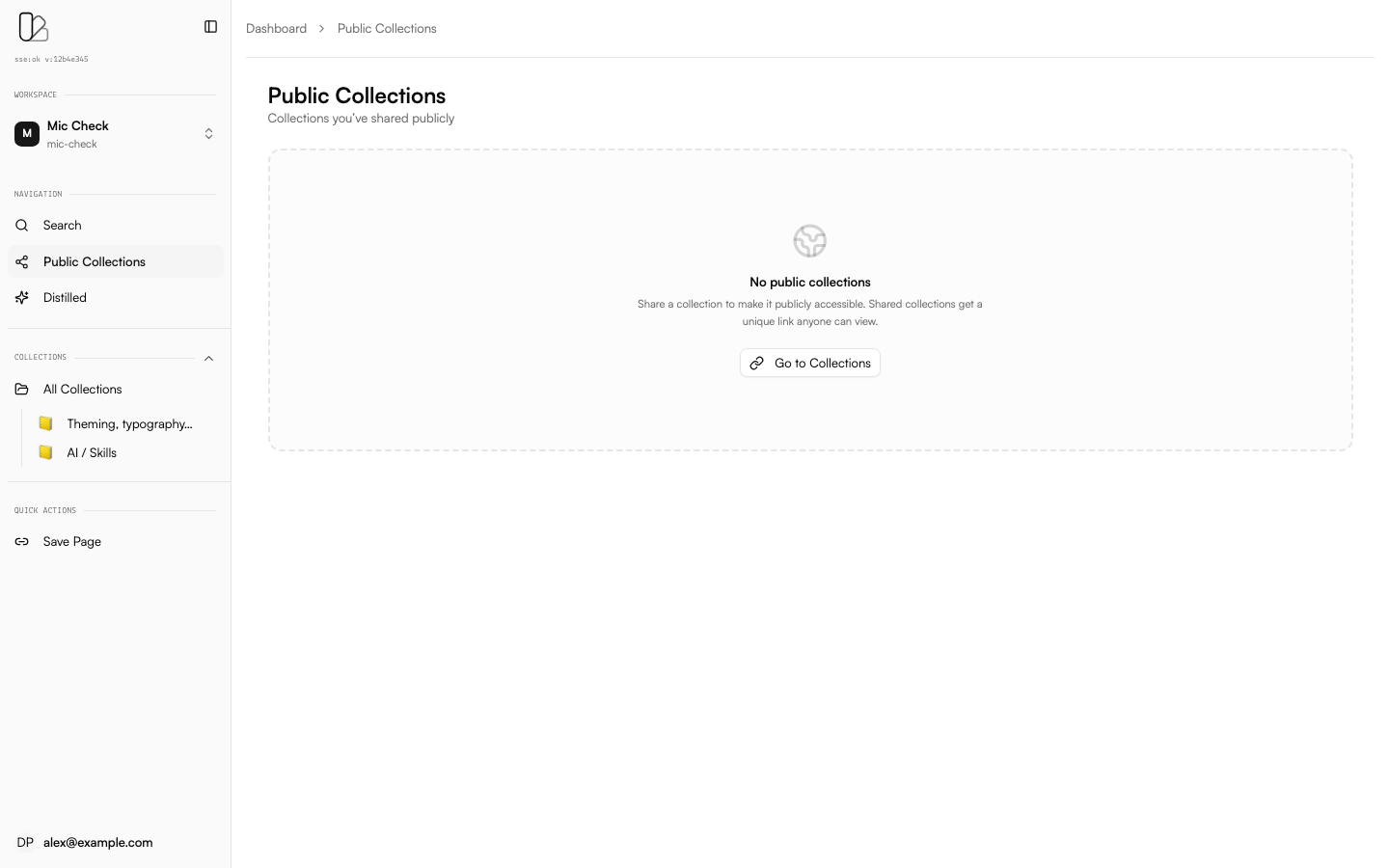 Public Collections page showing shared collection management
