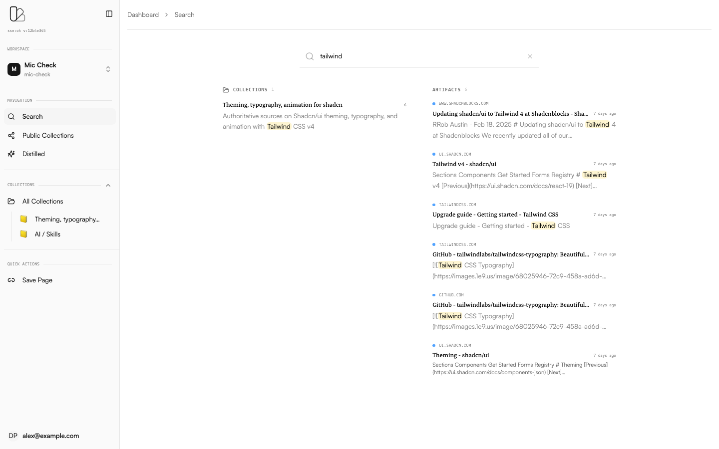Search results showing collections and artifacts matching a query