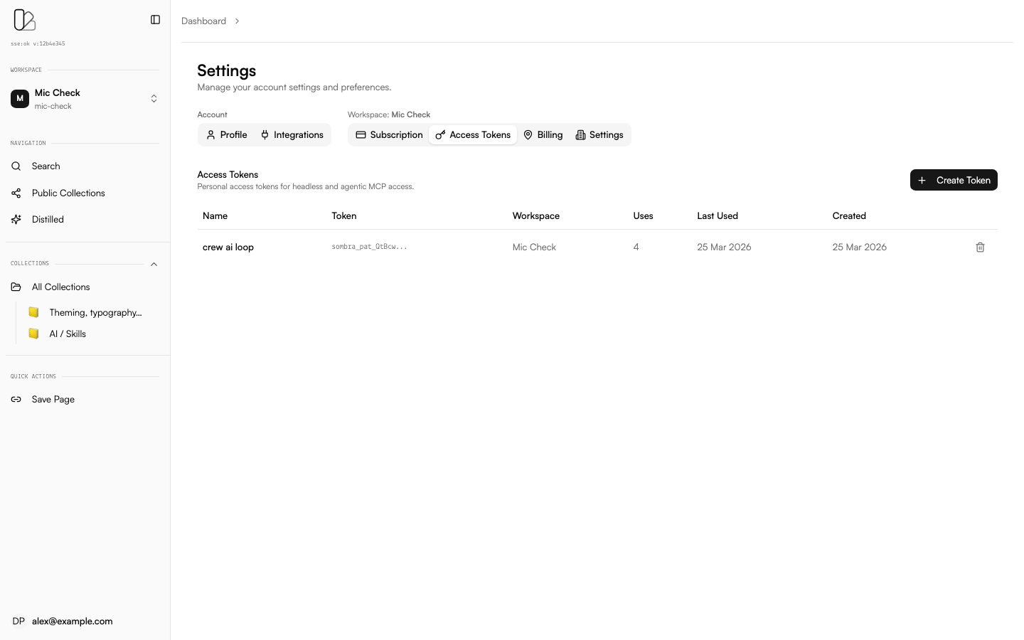 Access Tokens settings page for creating and managing PATs
