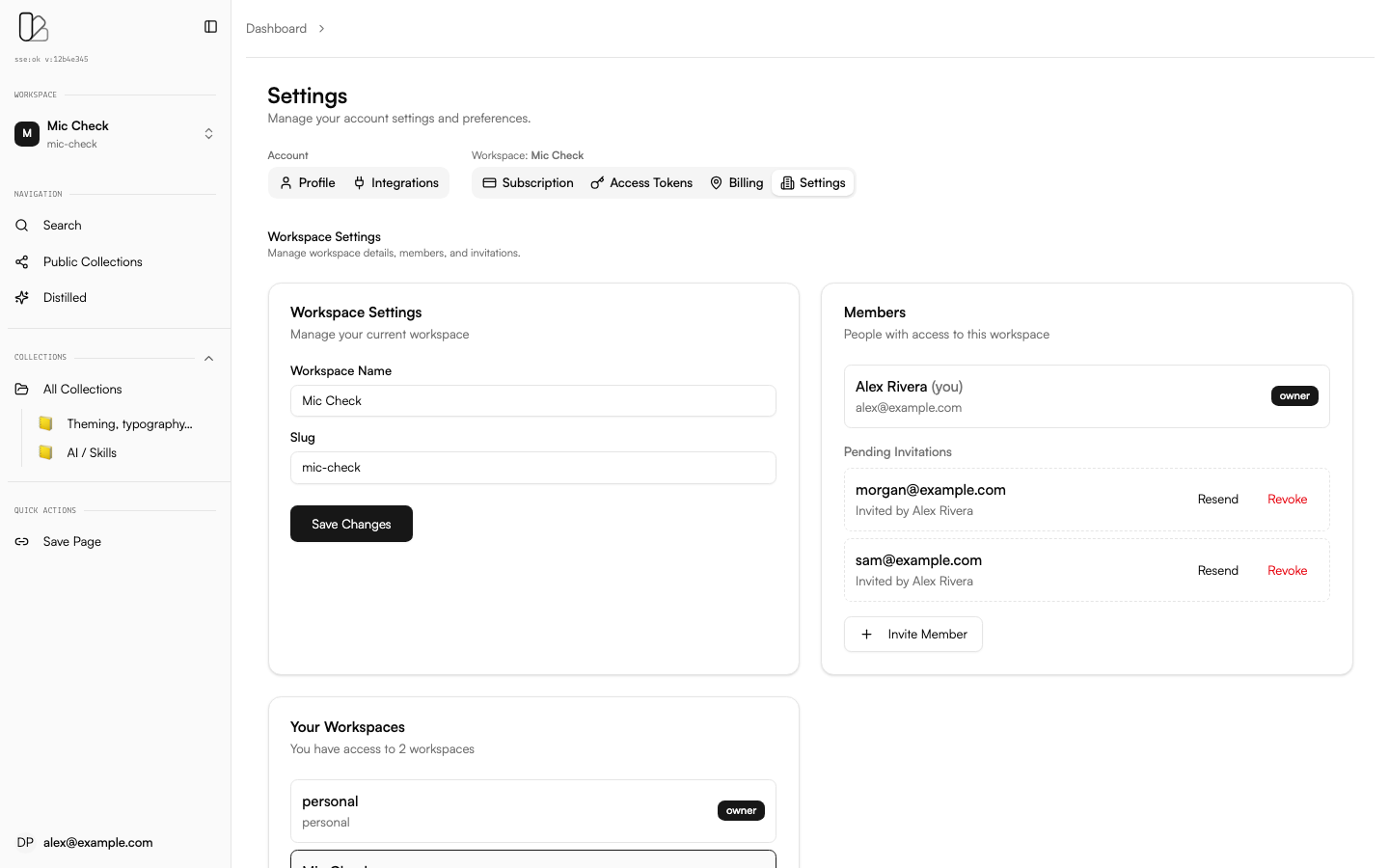 Workspace settings showing name, members, and workspace list